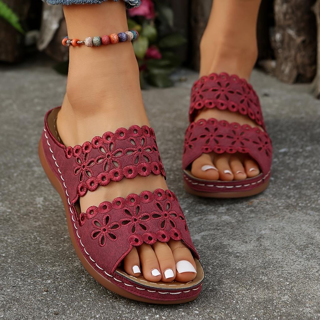 Ladies' Floral Hollow Slip In Sandals - Summer Breathable Open Design Mid Heel Casual Shoes with Soft PU Sole,  Cross Strap Sandals