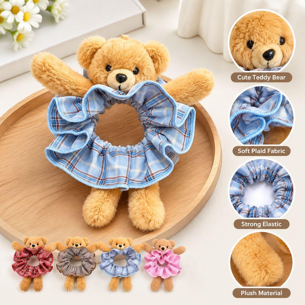 Gingham Plush Bear Scrunchie Scrunchie Hair Accessory Plush Hair Band Ear Fluffy Ponytail Holder