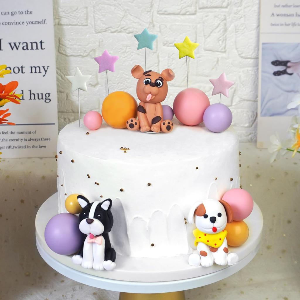 Dog Cake Topper Clay Figurines Puppy Star Yellow Pink Purple Ball Cake Topper for Dog Theme Birthday Dog Pet Party Supplies
