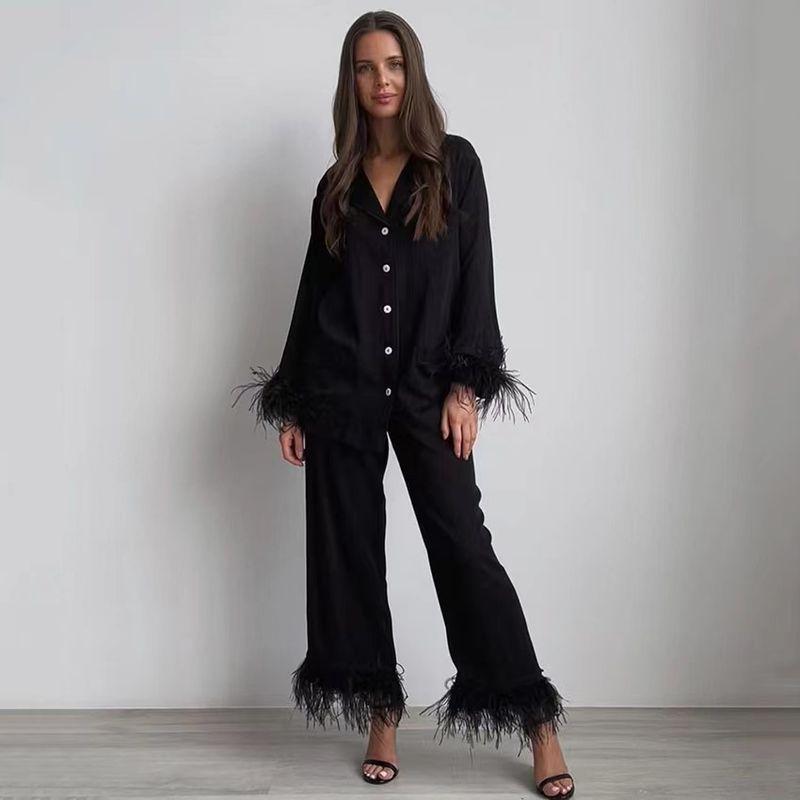 Fashion Style Long Sleeves Feather Coat Pants Suit Homewear Splice Feather Top Pants Set