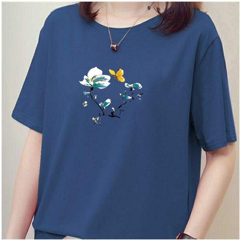 

Хлопковая спортивная футболка с небольшим ароматом и круглым вырезом, корейская версия иностранной газовой рубашки, свободная универсальная футболка с цветочным принтом для женщин