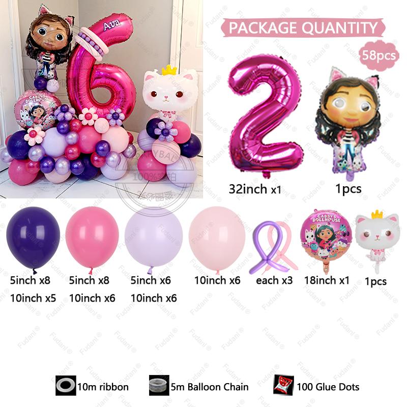 58pcs Cute Gabby Dollhouse Cats Theme Balloon Children's Birthday Party Decoration Latex Foil Ball Girl Gabby's Doll Balloon Toy