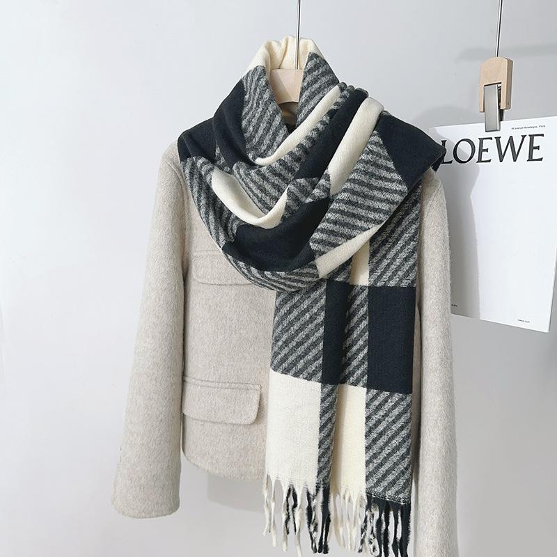 Autumn and winter new imitation cashmere plaid scarf female student simple and versatile couple shawl thickened fringed scarf