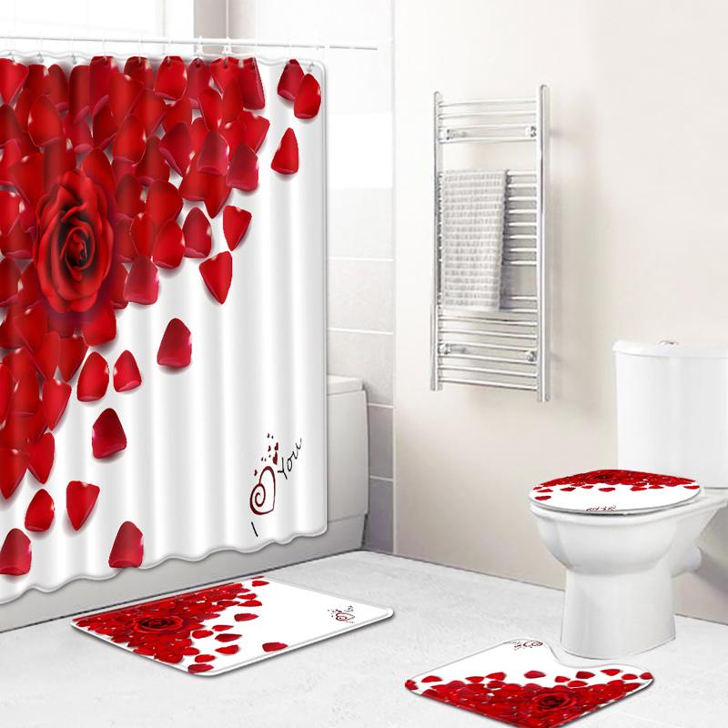 4 Pcs Valentine's Day Shower Curtain Sets With Rug, Toilet Lid, Non-Sli