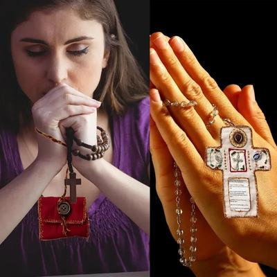 Pocket Prayer Mouth Shrine with Silver Cross Included Inside Christian Decor Holy Storage Bag Home Decoration Gift