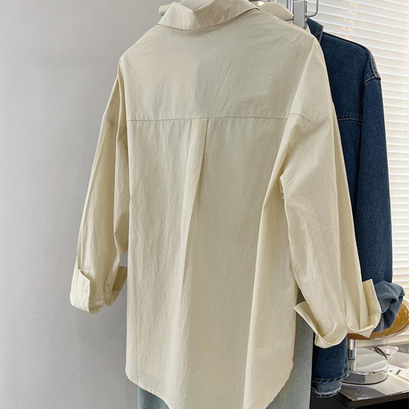 Polo-Kragen Langarm Baumwolle Freizeitblusen für Damen Mode Neu Uni Mittellang Sonnenschutzhemden Damen Locker Büro Damen Weißes Hemd Oberteile 25348
