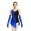 Kids Girls Latin Dance Figure Skating Leotard Sleeveless Mesh Patchwork Shiny Rhinestone Color Block with 1 Pair Gloves Competition Stage Performance
