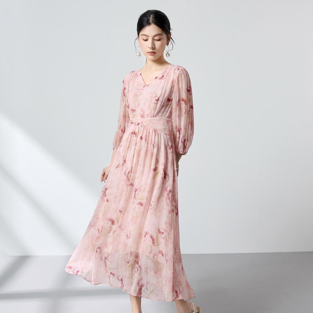 Mulberry silk dress women's summer silk floral slim and thin flower language georgette French long dress temperament young