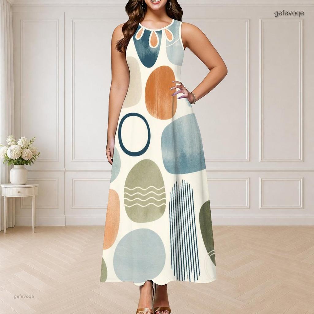 Women Plus Size Sleeveless Round Neck Triple Keyhole Cutout Abstract Print Maxi Dress