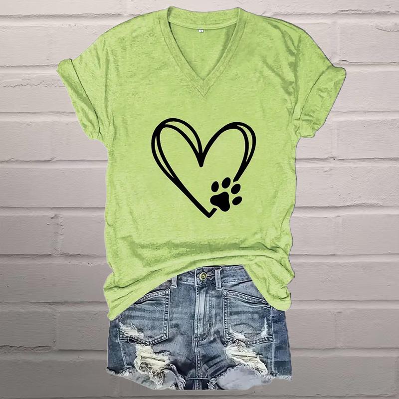 Love Cat Claw Painting Blouses Short Sleeved V-Neck T Shirts Casual