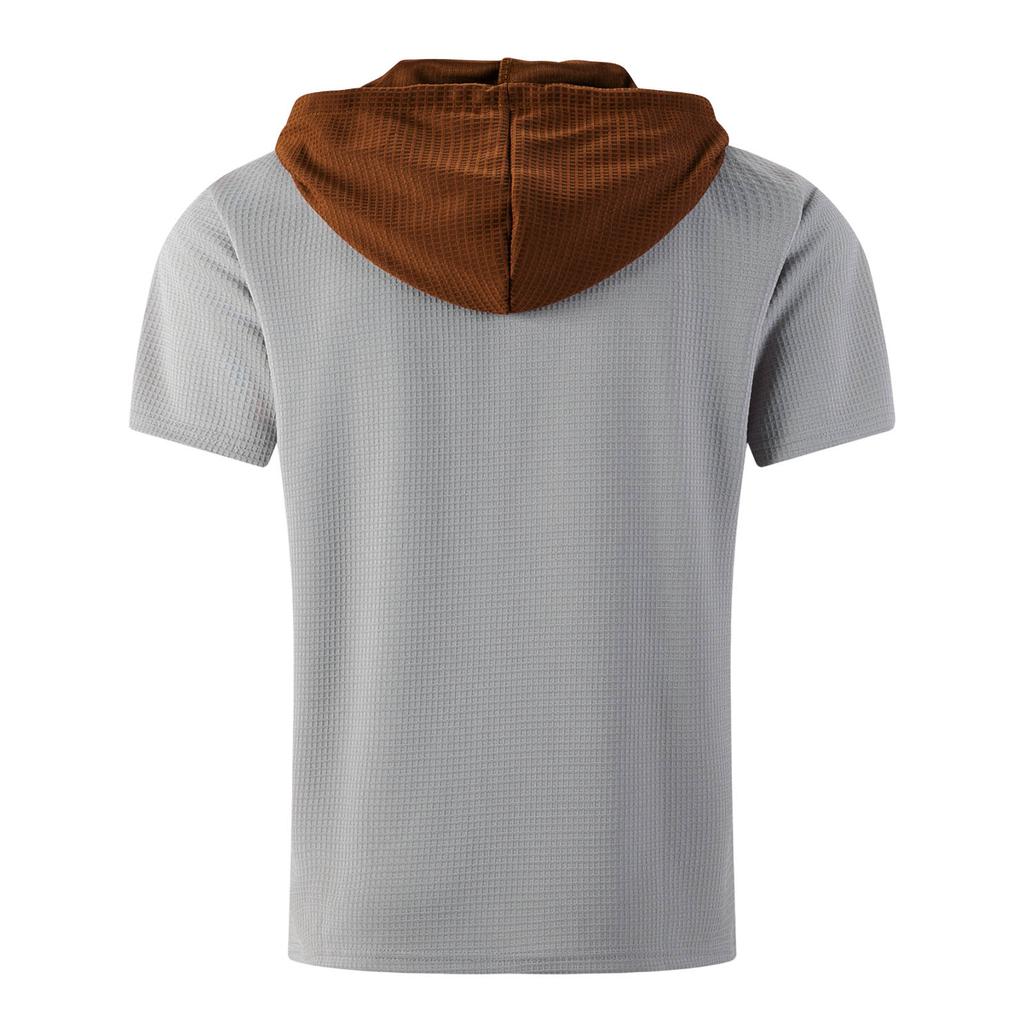 Men's Color Blocked Hooded Top With Pockets Casual And Comfortable Short Sleeved Shirt