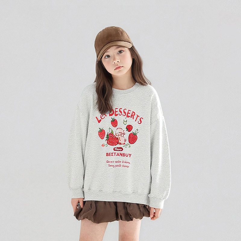 Spring and Autumn Korean Style Girls  Versatile Pullover Sweatshirt, Loose Strawberry Print Top for Older Children, Children s Casual Clothing Floral Gray 170