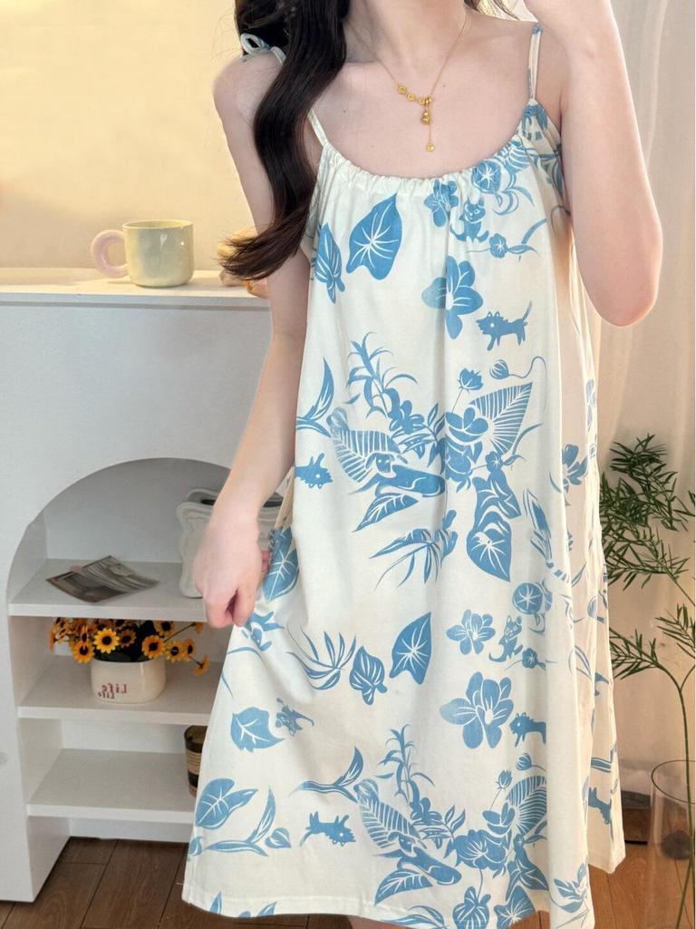 Women's Breathable Stretchy Cotton Sleep Dress - Summer Camisole Pajamas, Round Neck Casual Homewear