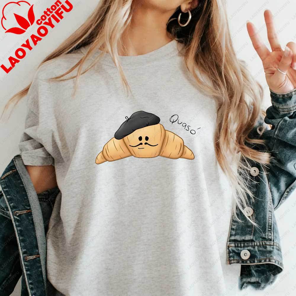 Funny French Croissant Qvaso Graphic TShirt Cute Cartoon Food Casual Cotton Short Sleeve Tshirt for Women Summer Aesthetic Tops
