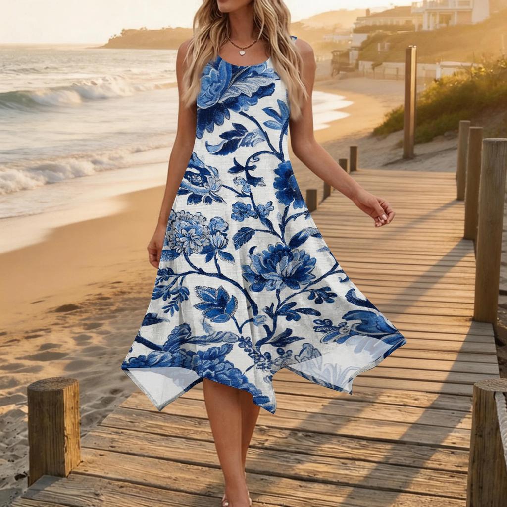 Women Sleeveless Floral Print Dress Casual Round Neck Irregular Hem Mid Length Summer Dress