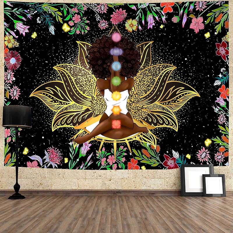 Ine Ive African Chakra Tapestry African American Woman Zen Meditation Tapestries 80x60 Inch Starry Sky Flower Garden Inspirational Afro Yoga Wall Art