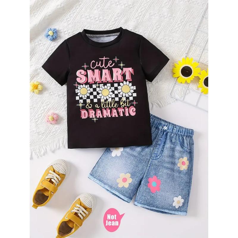Girls Summer Cartoon Print Suit Without Pockets Fake Denim Shorts T-shirt Top Two-piece Set