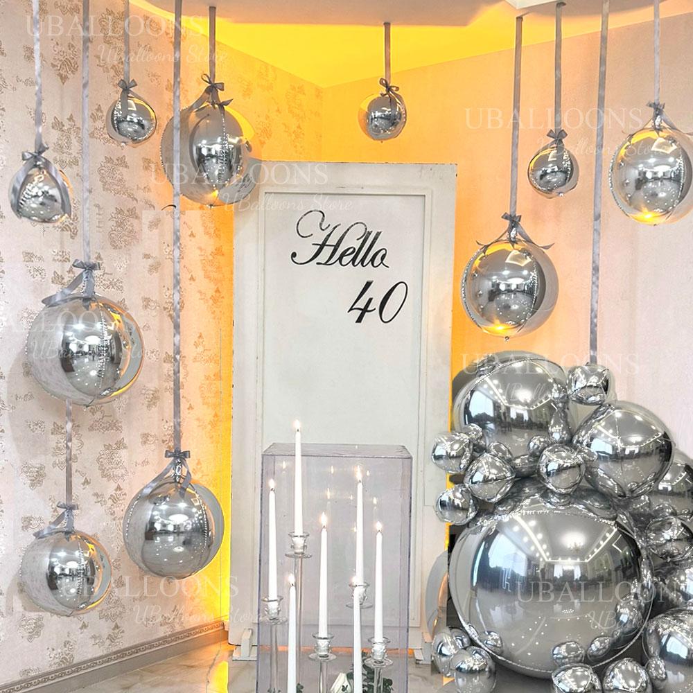12pcs Silver 4D Balloons with Ribbon 22/15/10Inch Metal Silver Round Foil Hanging Balloon for Happy Birthday Wedding Party Decor