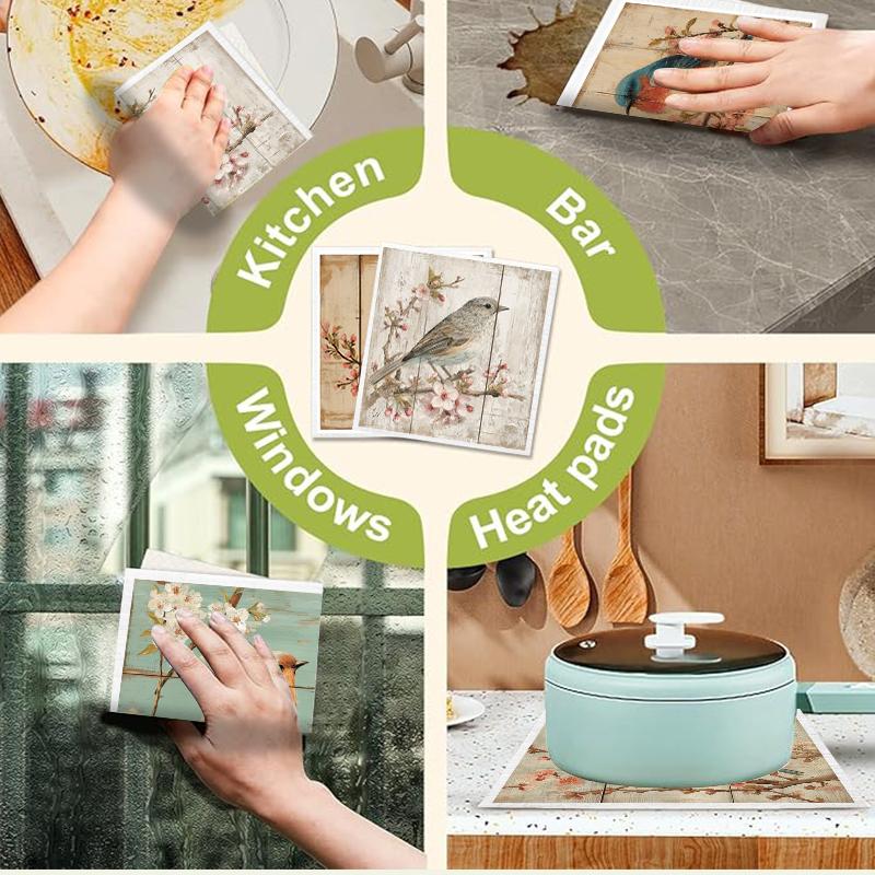 Cleaning Cloth Reusable Kitchen Dish Towels Eco-friendly Microfiber Bird Flowers Print Dishcloths Lint Free Washable Duster Rags Tea Towels 9*7inch