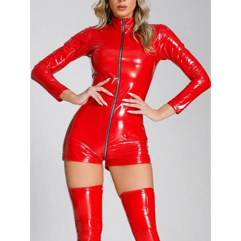 Long Sleeve Wet Look PVC Catsuit Playsuit Shiny PU Leather Zip Open Crotch Bodysuit Tight Sexy Cosplay Body Top Clubwear Teddies