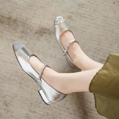 Fashion 2024 Spring and Autumn High Quality Women's Shoes Color Blocked Glossy Low Heels Square Toe Shallow Buckle Women's High Heels