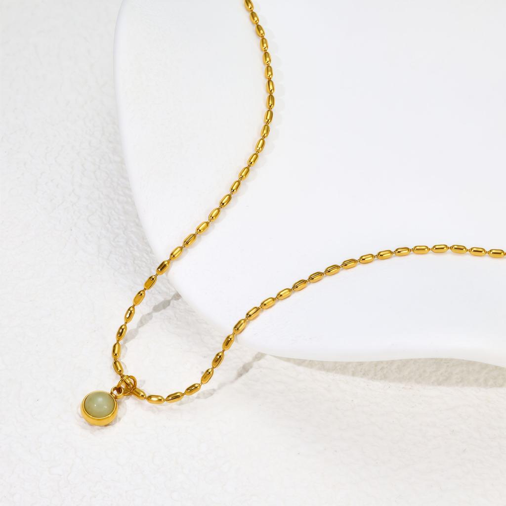 Simple Temperament Dongling Jade Green Bean Titanium Steel Necklace Jade Bead Chain Retro Collarbone Chain Female