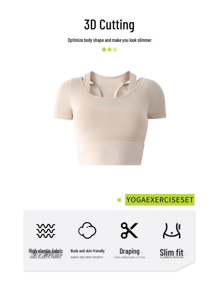 Peach Mesh Two-Piece Yoga Suit: Short Sleeve Racerback Nude Feeling Sports Top for Women