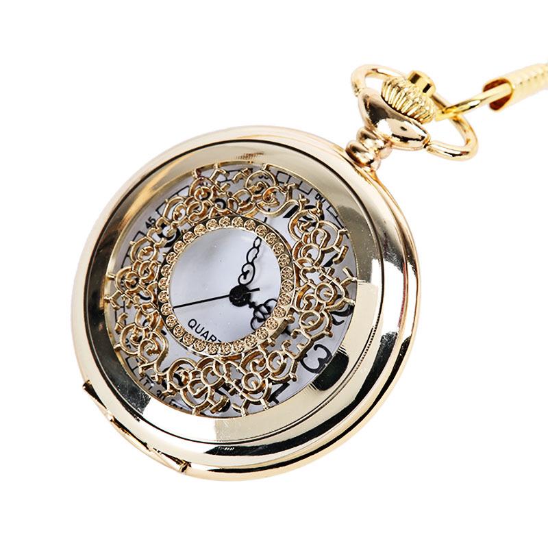 Nostalgic Thick Chain Openwork Pocket Watch with Dense Floral Carvings, Gold-Tone, White Face 1047.
