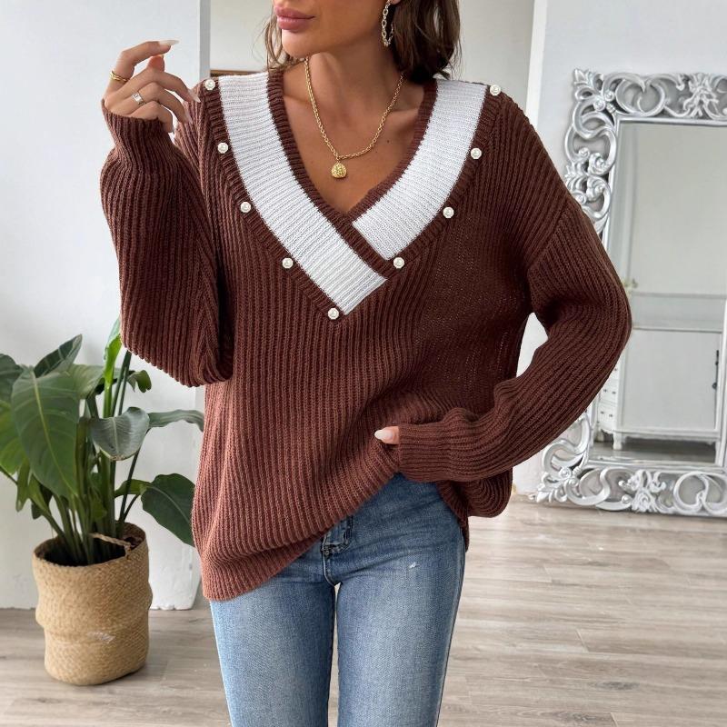European Style Loose Fit V Neck Beaded Pullover Sweater For Women