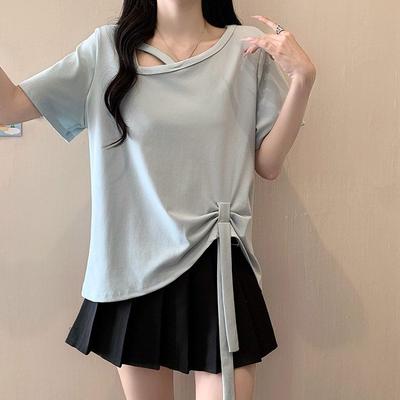Irregular Women's T-shirt Ribbon Design Round Neck Solid Color Short Sleeved T-shirts Summer Comfortable Fashionable Female Top