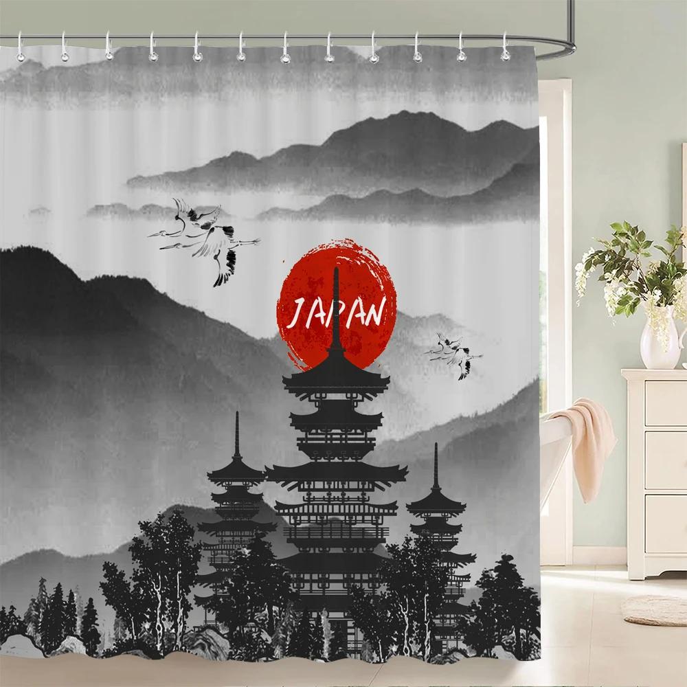 Japanese-style Shower Curtain 3d Ink Painting Bathroom Curtain Waterproof  With Hooks 180*240CM Shower Curtain Polyester Fabric
