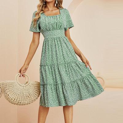 Dot Dress Women's Casual A-line Short Sleeve Square Neck Ruffle Midi Chiffon Women's Dresses