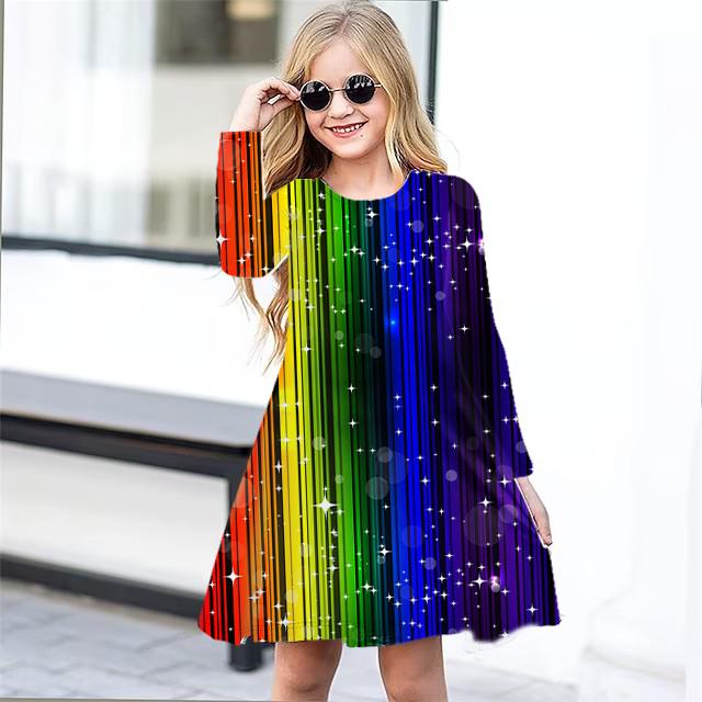 Girl Casual 3D Rainbow Lines Print Round Neck Long Sleeve Dress Kid Princess Dress