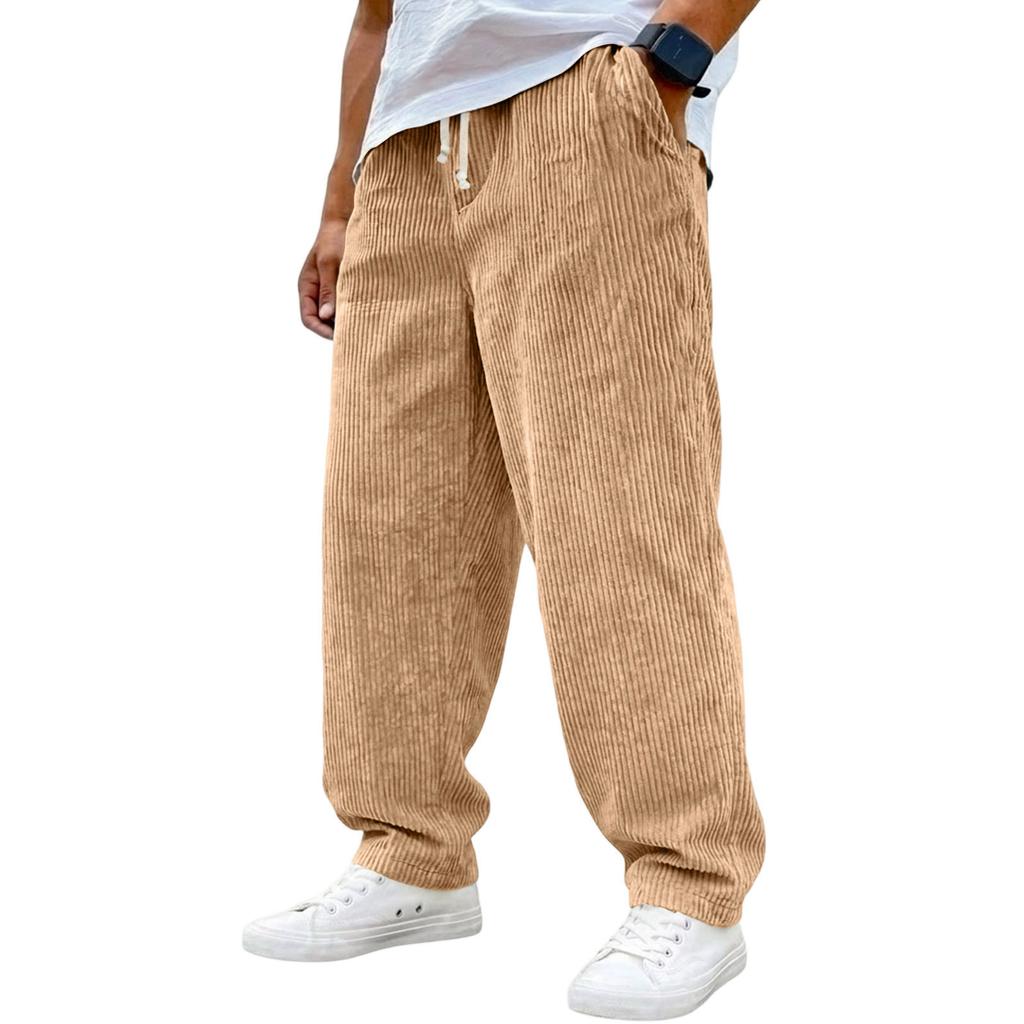 Męskie spodnie sztruksowe w stylu vintage | Elastyczny pas ze sznurkiem, luźny prosty krój do noszenia na co dzień