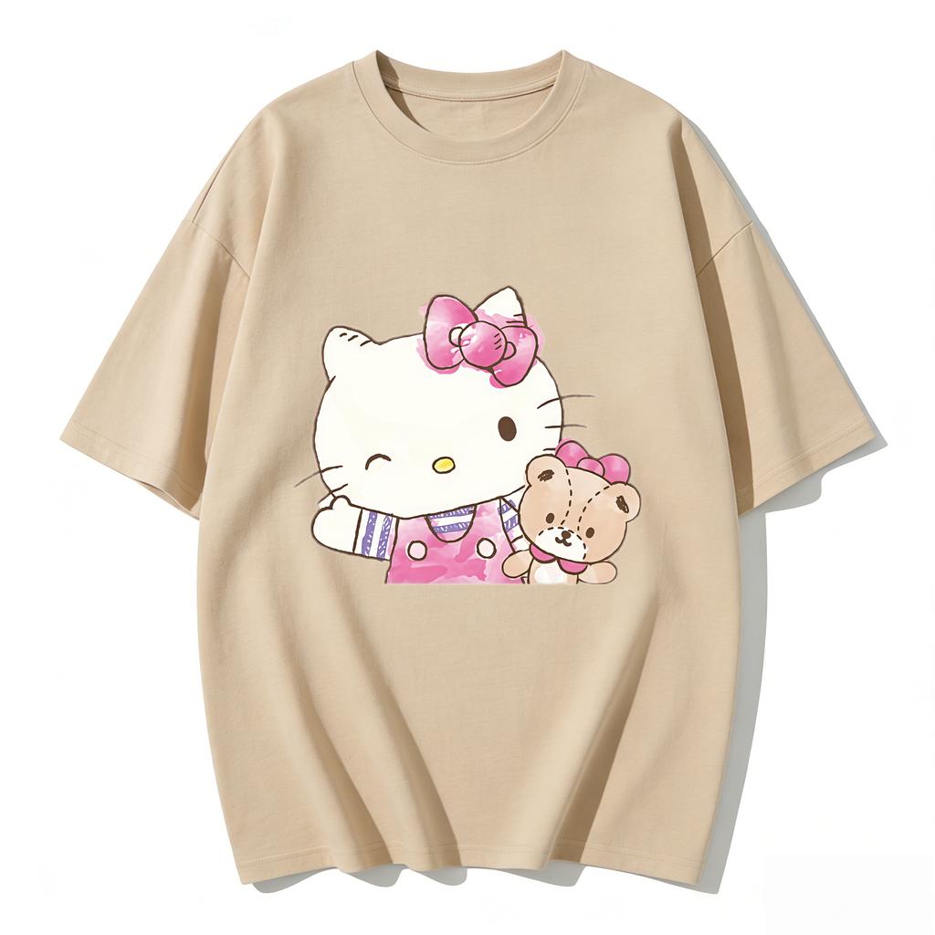 2026 New Hello Kitty Teddy Bear Watercolor Cartoon Print Tshirt Family Matching Outfits Casual Short Sleeve Tee Women Unisex Kids