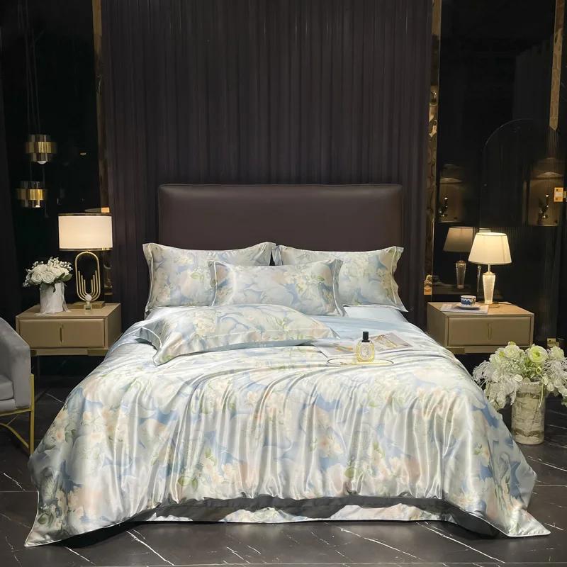 Luxury High-end Silk Bedding Set Silky Satin Quilt Cover Set Printed Queen King Duvet Cover Soft Gift for Your Lover Friends