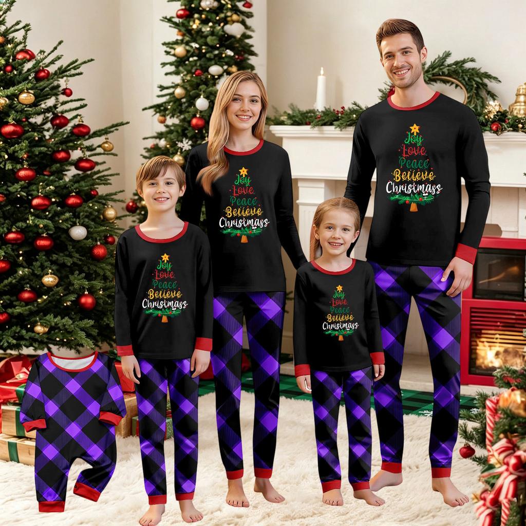 Christmas Print Crewneck Top and Plaid Pants Set, 2 Piece Holiday Outfit