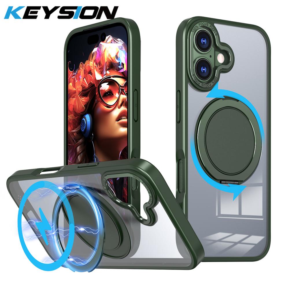 KEYSION Shockproof Matte Transparent Case for MagSafe for iPhone 17 17 Air 360° Rotating Magnetic Ring Stand Phone Back Cover