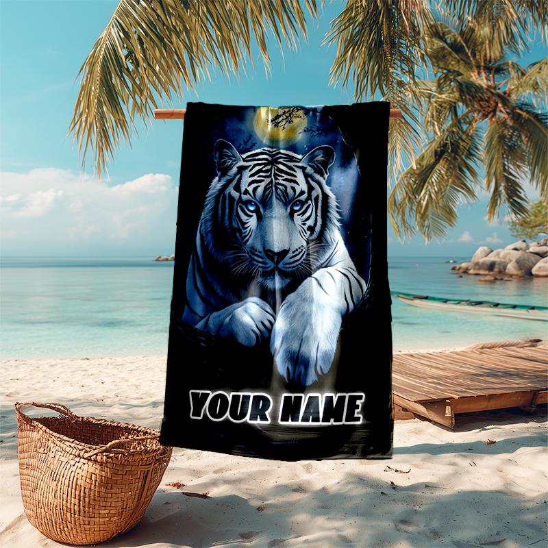 1PC Custom Name Tiger Moonlit Majesty Beach Towel Highly Absorbent And Sand-Resistant Towel for Swimming, Pool, Yoga, And Travel Lightweight