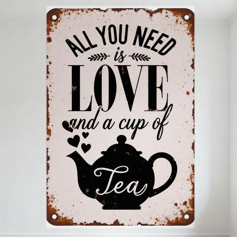 

Vintage All You Need is Love & Tea Metal Tin Sign, Whimsical Teapot Heart Decor for Home Café Bar Man Cave, Rustic Aged Style 20x30cm（7.8x11.8inch）