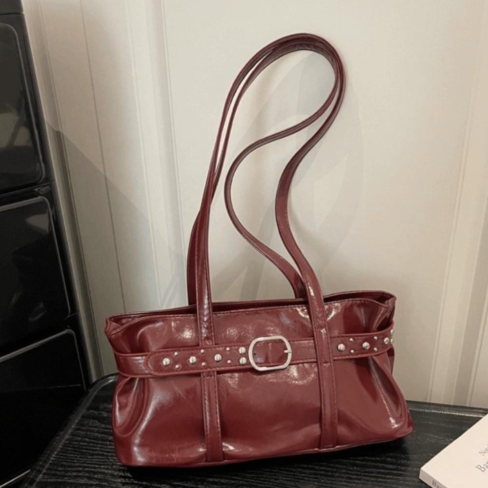 Rivet Belt Buckle Underarm Bag Shiny Tote Bag Trendy PU LeatherShoulder Bag For Women