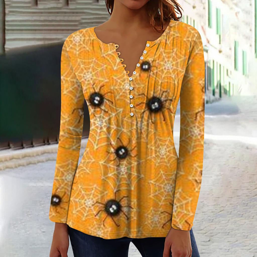 Dam Vår Höst Plisserad Knäppkrage Halloween Tryck Långärmad Topp