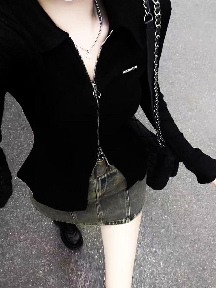 Frühling & Herbst Slim Fit Reißverschluss-Polo: Heißes Mädchen Langarm T-Shirt