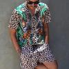 Sommer Herren Mode Leopard Print Kurzarmhemd und Shorts Set Strand Stil T-Shirt Atmungsaktive Shorts Zweiteiliges Set