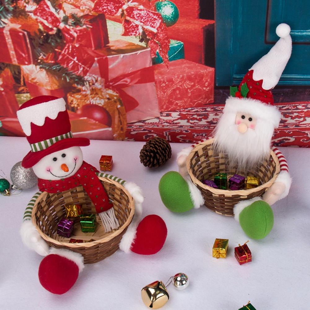 Christmas Candy Basket Santa Snowman Rattan Straw Woven Desktop Ornament Fruit Holder Holiday Decor Home Office Bar KTV