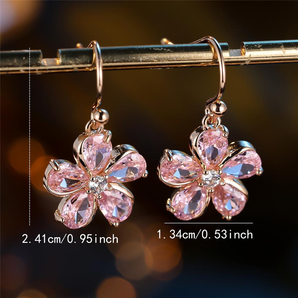 Charm Female Pink Zircon Stone Flower Drop Earrings Cute Trendy Bridal Gold Color Dangle Wedding For Women