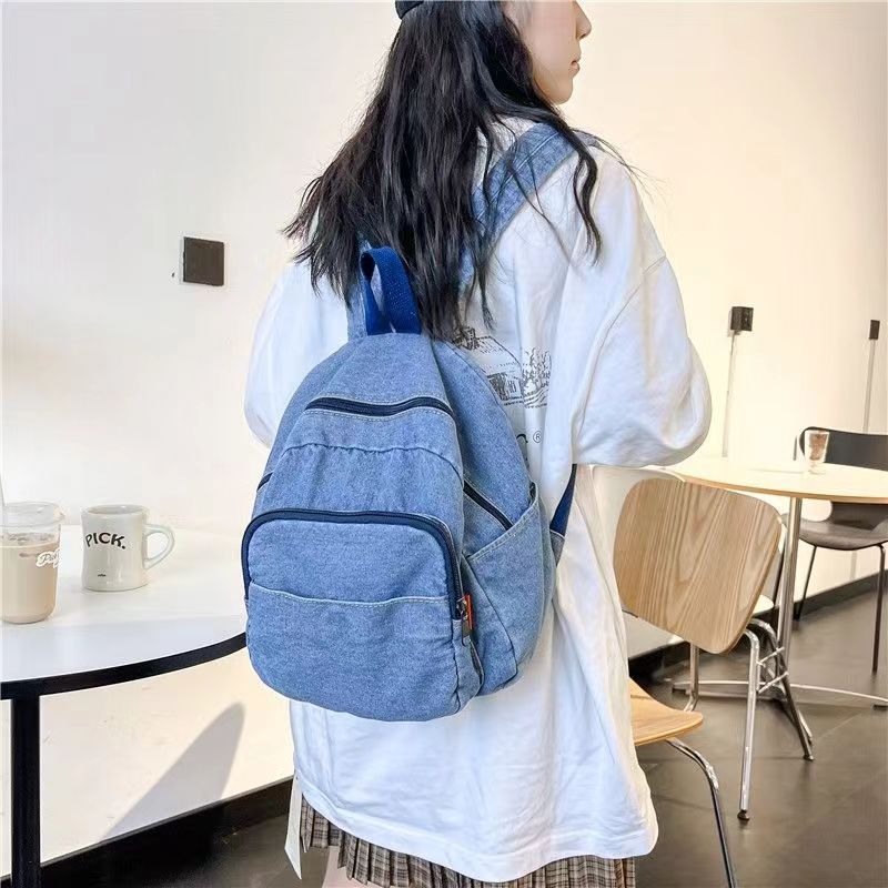 Schoolbag denim backpack ins simple casual student backpack Korean version Mori retro washed denim backpack