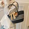 With Ribbon Stripe Tote Handbag Shoulder Bag Summer Beach Bag Simple Woven Tote Bag  Female