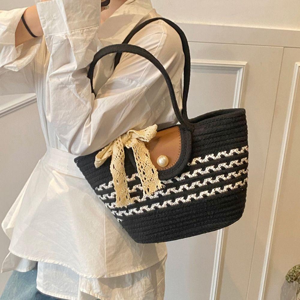 With Ribbon Stripe Tote Handbag Shoulder Bag Summer Beach Bag Simple Woven Tote Bag  Female