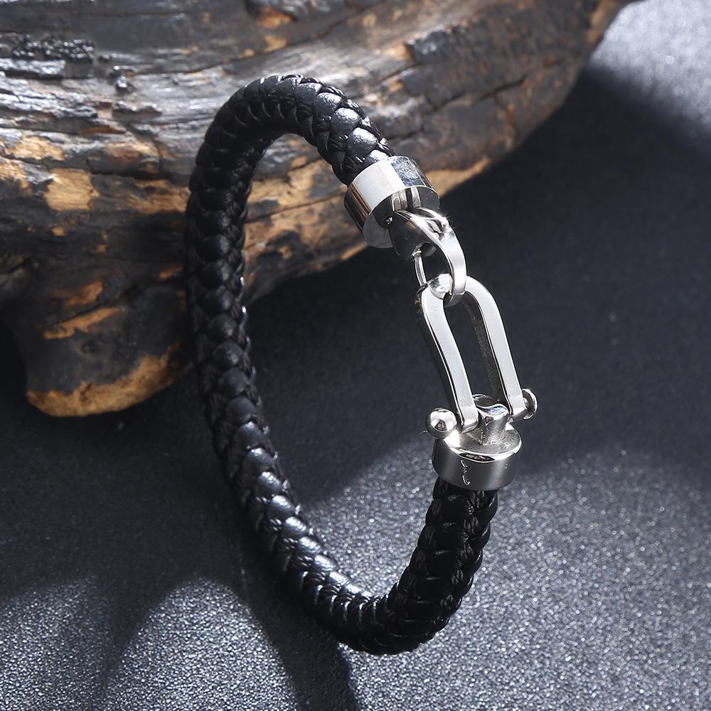 

Классический браслет из плетеной кожи из нержавеющей стали с застежкой-карабином в форме подковы, ручная работа, модные мужские украшения 185mm чёрный